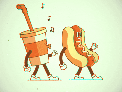un gif d'un hotdog et boisson marchant heureux